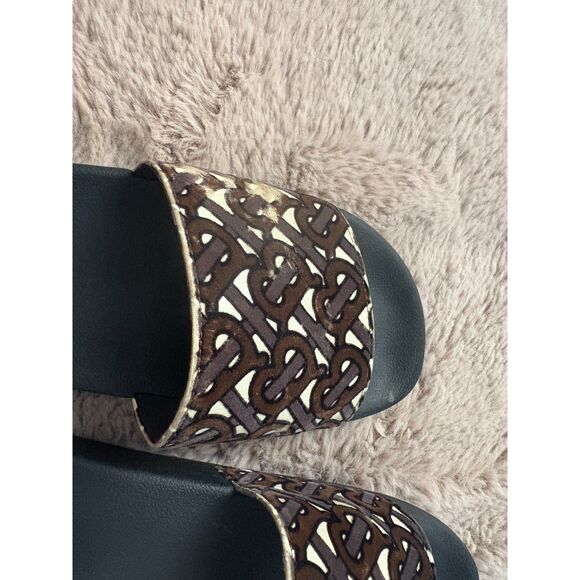Burberry Size 42 Furley Tb Flock Leather Pool Slides In Bridle Brown - Picture 7 of 14